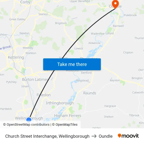 Church Street Interchange, Wellingborough to Oundle map