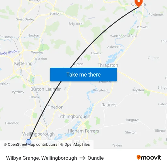 Wilbye Grange, Wellingborough to Oundle map