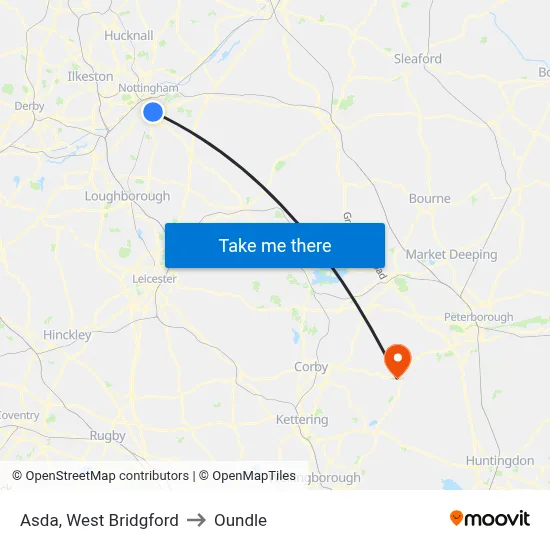 Asda, West Bridgford to Oundle map