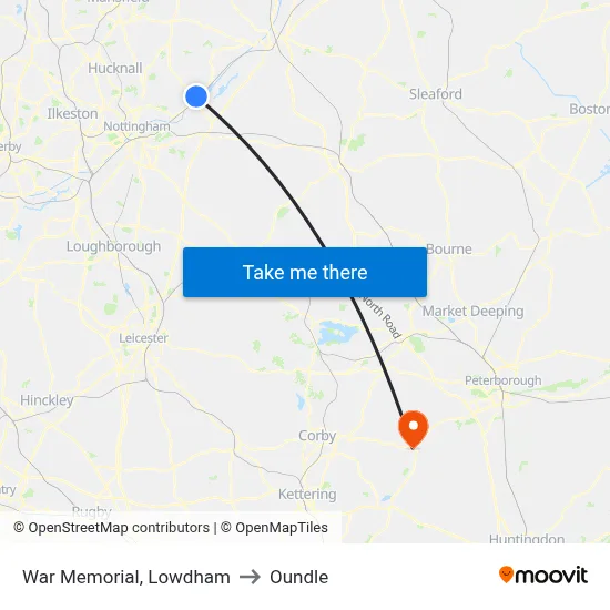 War Memorial, Lowdham to Oundle map