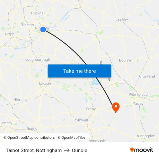 Talbot Street, Nottingham to Oundle map