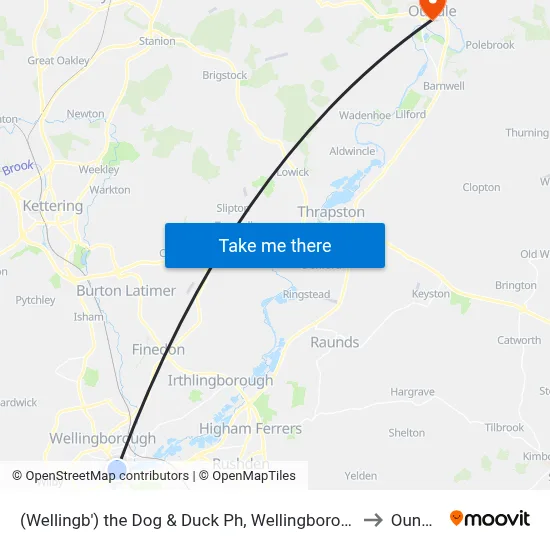(Wellingb') the Dog & Duck Ph, Wellingborough to Oundle map