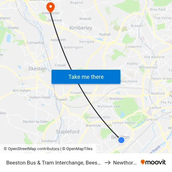 Beeston Bus & Tram Interchange, Beeston to Newthorpe map