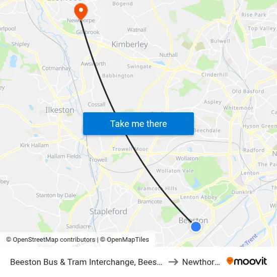 Beeston Bus & Tram Interchange, Beeston to Newthorpe map