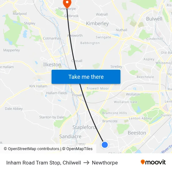 Inham Road Tram Stop, Chilwell to Newthorpe map