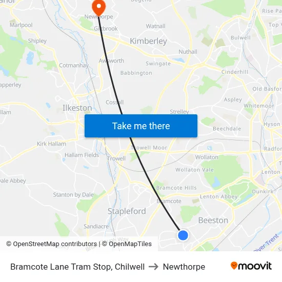 Bramcote Lane Tram Stop, Chilwell to Newthorpe map