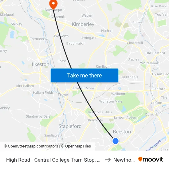 High Road - Central College Tram Stop, Chilwell to Newthorpe map