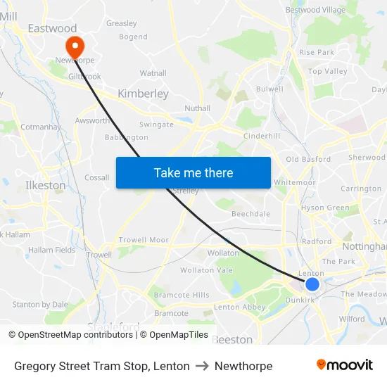 Gregory Street Tram Stop, Lenton to Newthorpe map