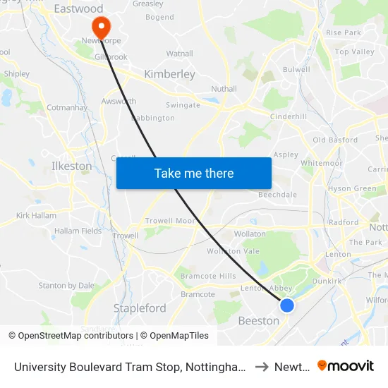 University Boulevard Tram Stop, Nottingham University Main Campus to Newthorpe map