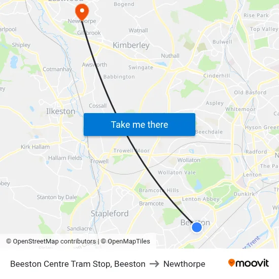 Beeston Centre Tram Stop, Beeston to Newthorpe map