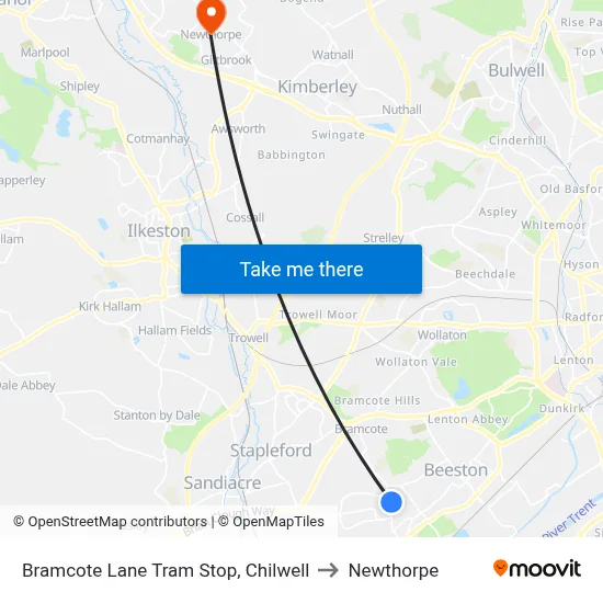 Bramcote Lane Tram Stop, Chilwell to Newthorpe map