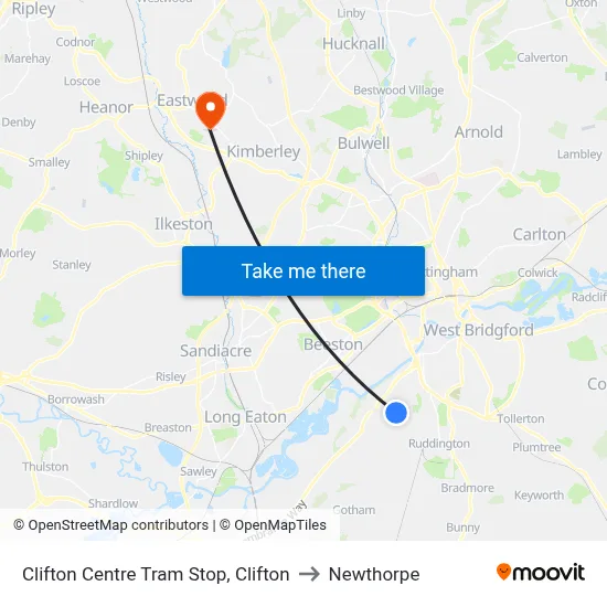 Clifton Centre Tram Stop, Clifton to Newthorpe map