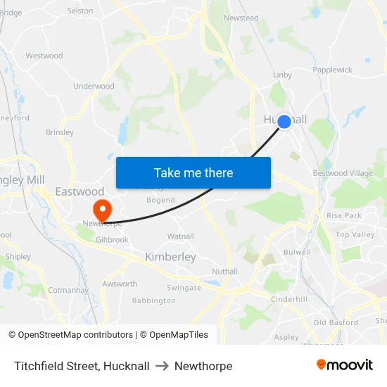 Titchfield Street, Hucknall to Newthorpe map