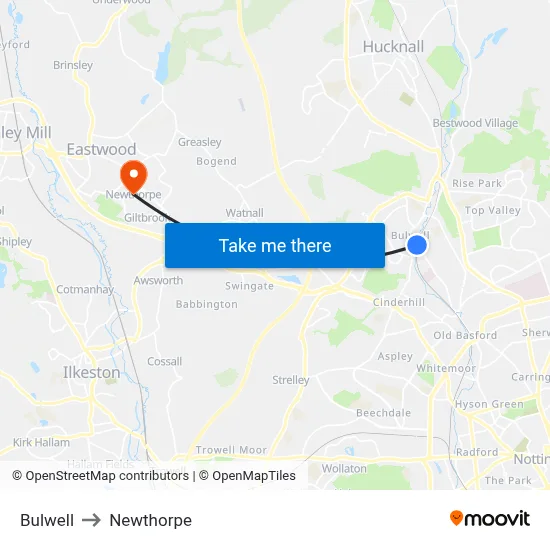 Bulwell to Newthorpe map
