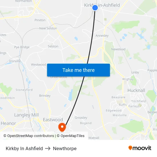 Kirkby In Ashfield to Newthorpe map