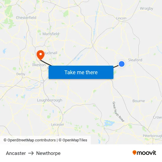 Ancaster to Newthorpe map