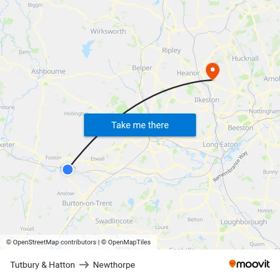 Tutbury & Hatton to Newthorpe map