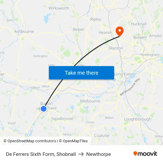 De Ferrers Sixth Form, Shobnall to Newthorpe map