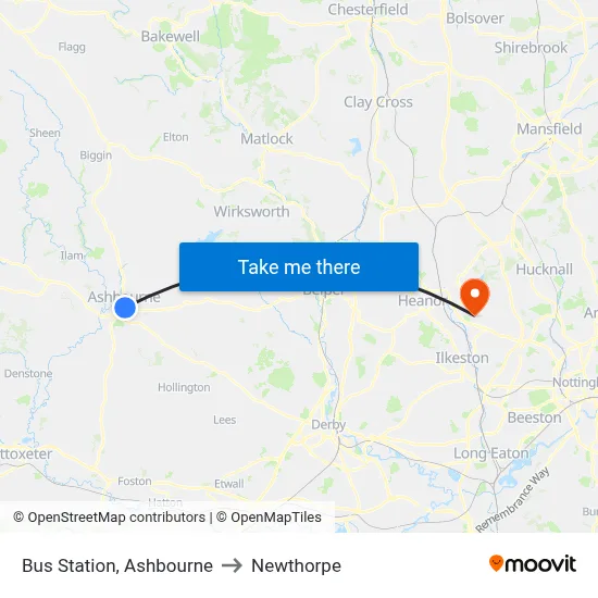 Bus Station, Ashbourne to Newthorpe map
