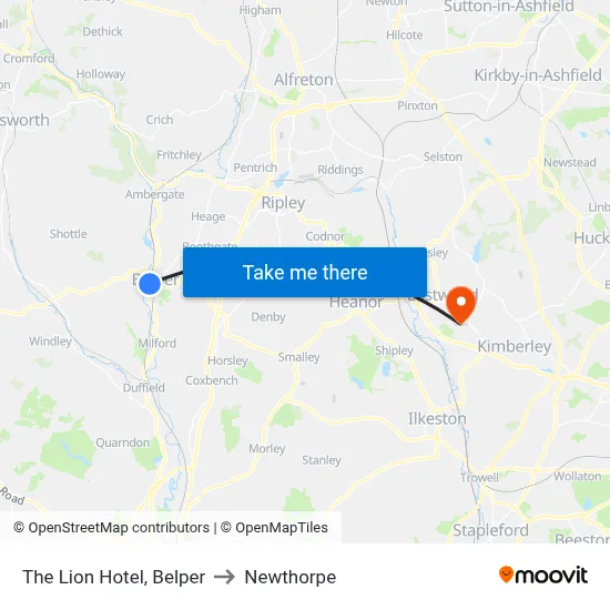 The Lion Hotel, Belper to Newthorpe map