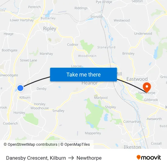 Danesby Crescent, Kilburn to Newthorpe map