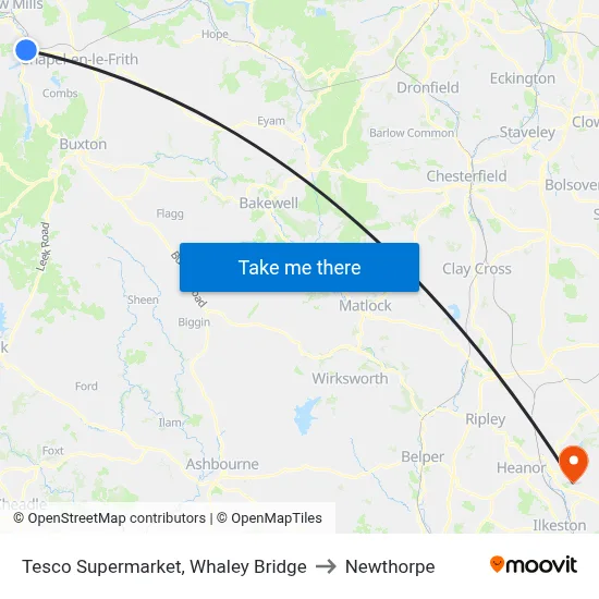 Tesco Supermarket, Whaley Bridge to Newthorpe map