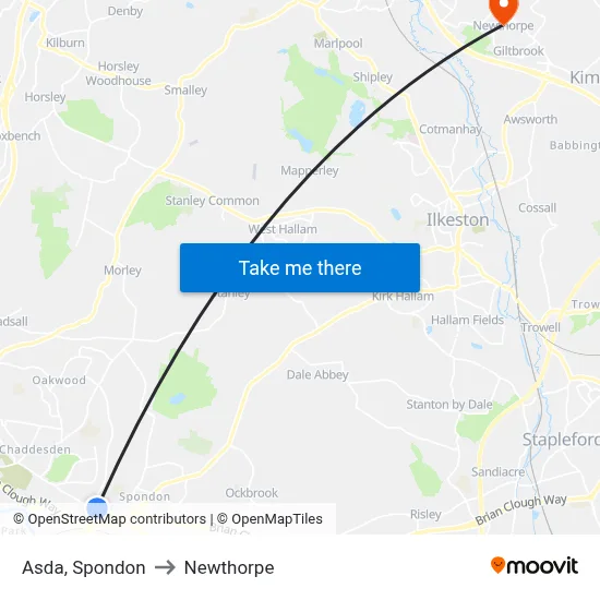 Asda, Spondon to Newthorpe map