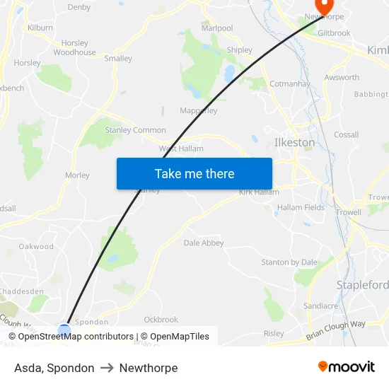 Asda, Spondon to Newthorpe map