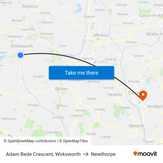 Adam Bede Crescent, Wirksworth to Newthorpe map