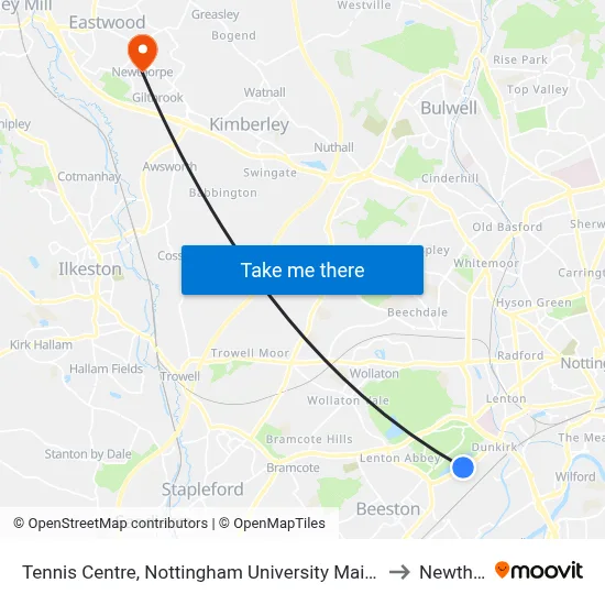 Tennis Centre, Nottingham University Main Campus (Un03) to Newthorpe map