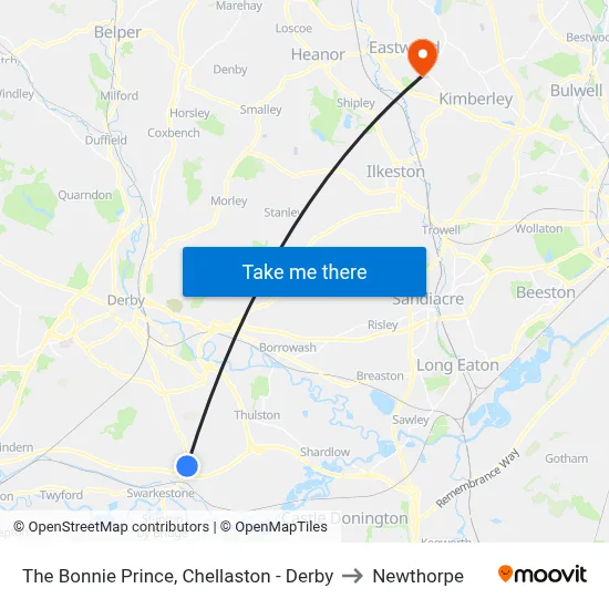 The Bonnie Prince, Chellaston - Derby to Newthorpe map