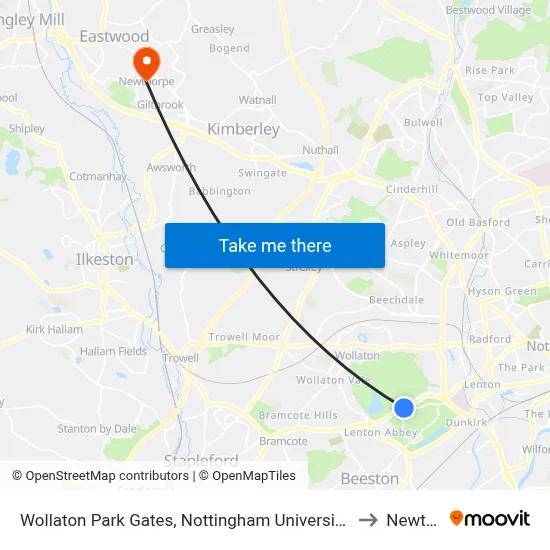 Wollaton Park Gates, Nottingham University Main Campus (Un12) to Newthorpe map
