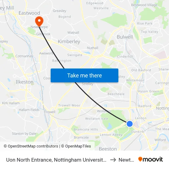 Uon North Entrance, Nottingham University Main Campus (Un14) to Newthorpe map