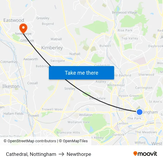 Cathedral, Nottingham to Newthorpe map