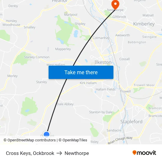 Cross Keys, Ockbrook to Newthorpe map