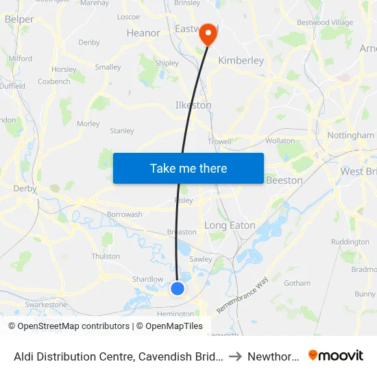 Aldi Distribution Centre, Cavendish Bridge to Newthorpe map