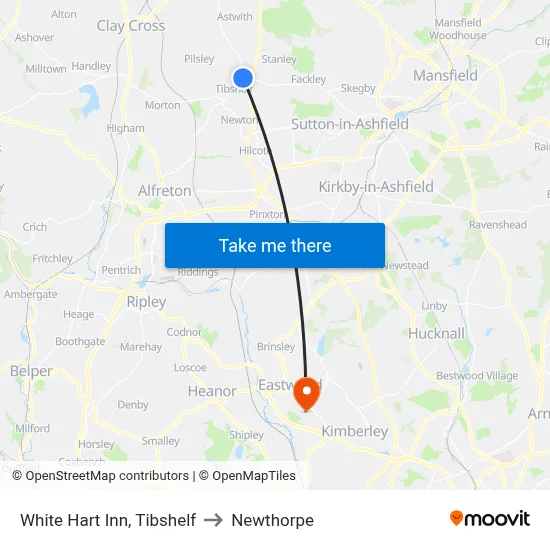 White Hart Inn, Tibshelf to Newthorpe map