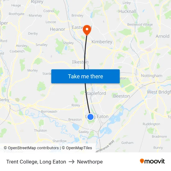 Trent College, Long Eaton to Newthorpe map