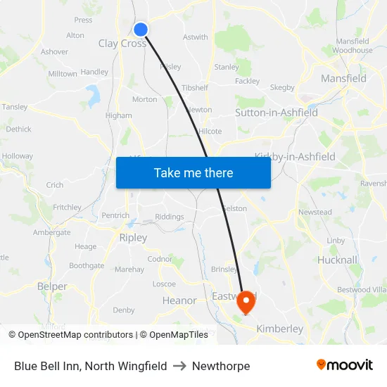 Blue Bell Inn, North Wingfield to Newthorpe map