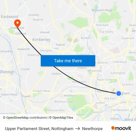 Upper Parliament Street, Nottingham to Newthorpe map