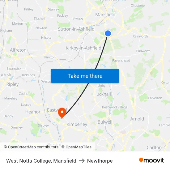 West Notts College, Mansfield to Newthorpe map