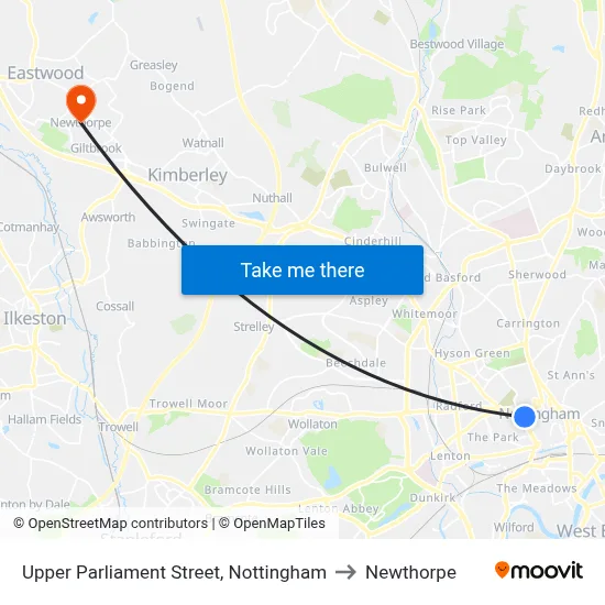 Upper Parliament Street, Nottingham to Newthorpe map