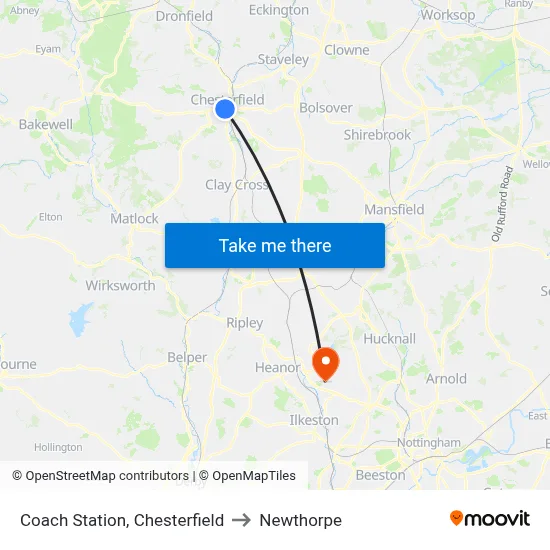 Coach Station, Chesterfield to Newthorpe map