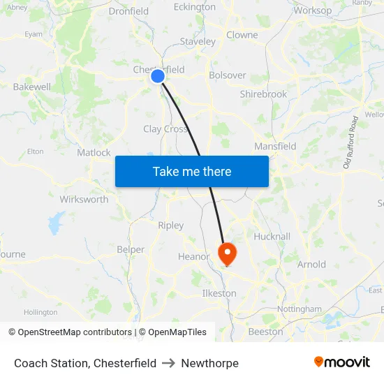 Coach Station, Chesterfield to Newthorpe map