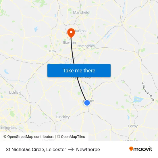 St Nicholas Circle, Leicester to Newthorpe map