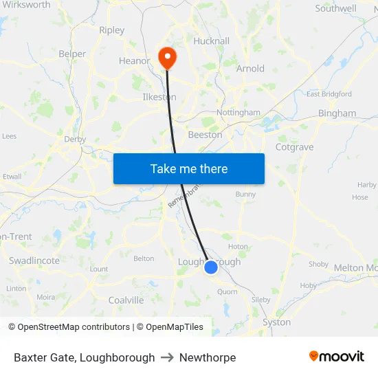 Baxter Gate, Loughborough to Newthorpe map