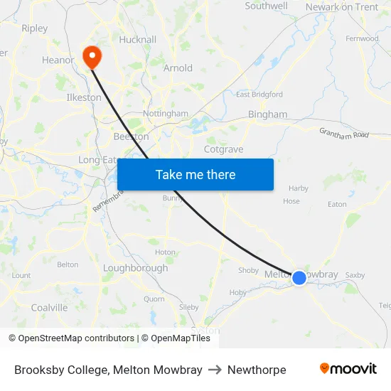Brooksby College, Melton Mowbray to Newthorpe map