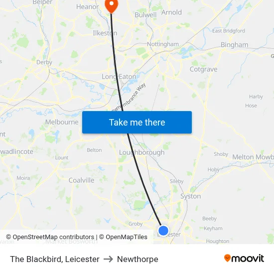 The Blackbird, Leicester to Newthorpe map
