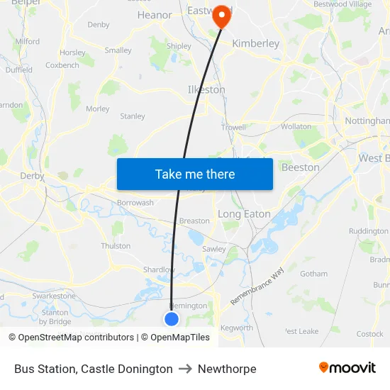 Bus Station, Castle Donington to Newthorpe map