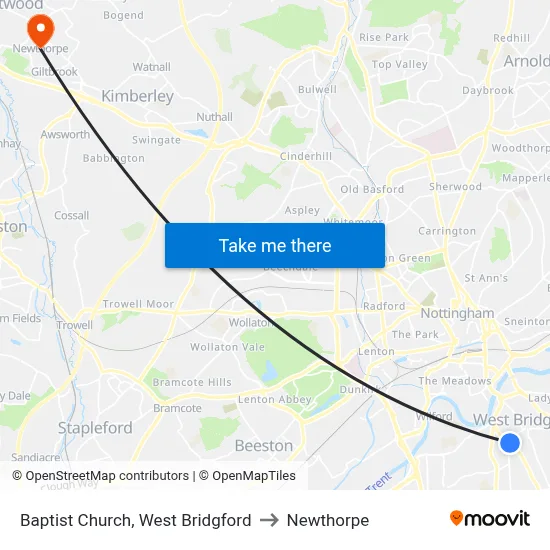 Baptist Church, West Bridgford to Newthorpe map